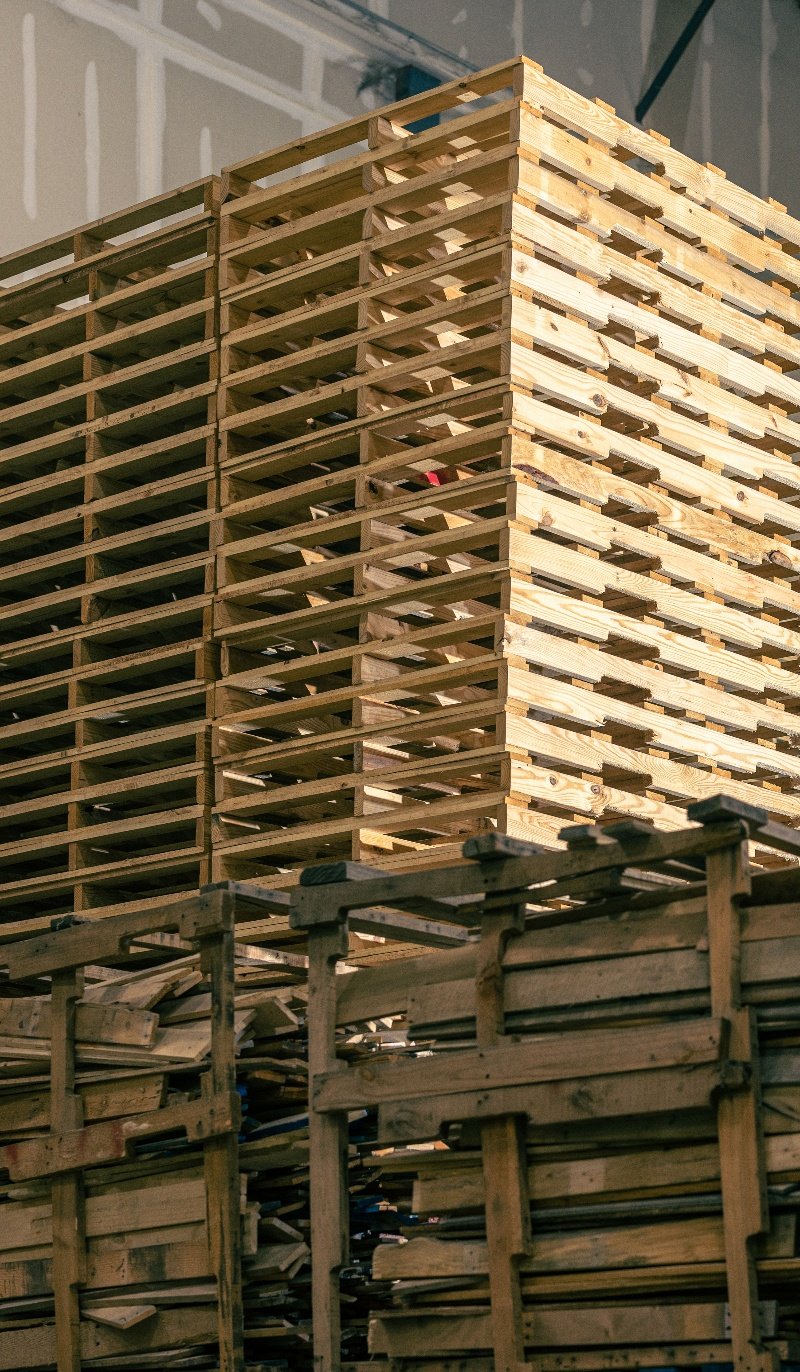 Recycled pallets inside a warehouse